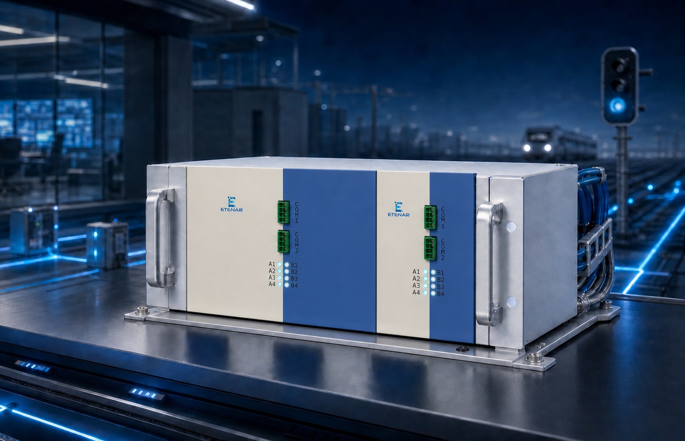 Konzeptvisualisierung einer kompakten blau-weißen modularen ETENAR Baugruppe