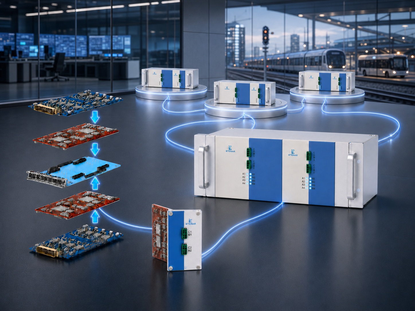 Konzeptvisualisierung der modularen ETENAR-Plattform – von der elektronischen Baugruppe bis zum verteilten Steuerungssystem